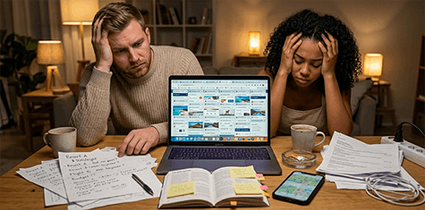 Paar sitzt am Laptop und ist mit der Reiseplanung überfordert