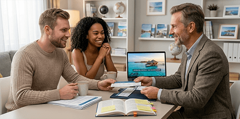 Reiseberater übergibt Unterlagen an zufriedenes Paar